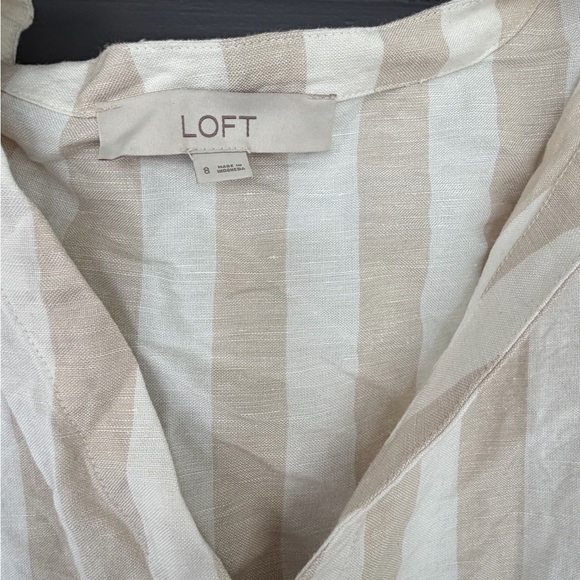 LOFT Beige White Stripe Linen Button-Front Short Puff Sleeve Dress - Picture 6 of 7
